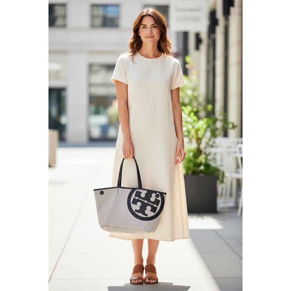 Tory Burch Lonnie Large Perforated Canvas Mesh Logo Tote Bag White Black - Picture 11 of 12